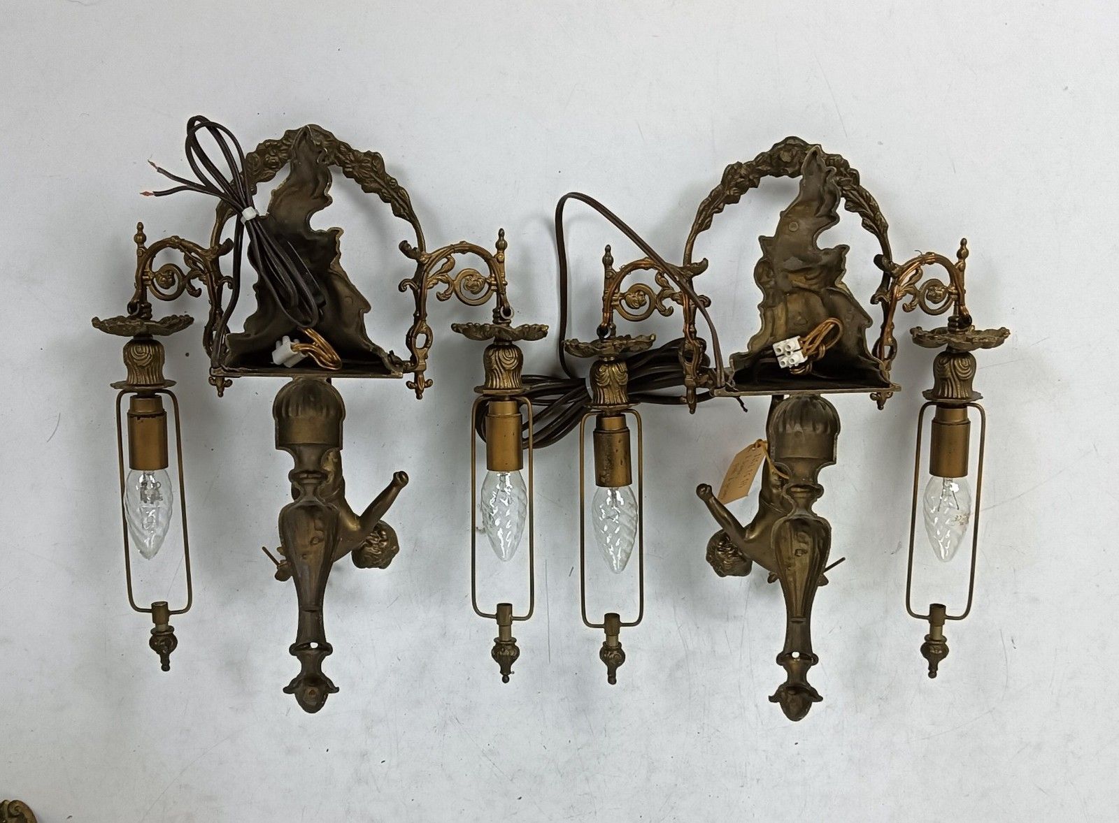photo for sale Beautiful Antique Wall Sconces Pair Lights Lamps French Cherub Angels Prisms Bra