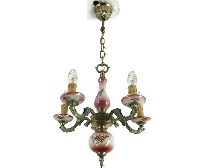 Chandelier 5 Arms Lights Ceramic Porcelain  Pink Flowers  Mid Century Italy