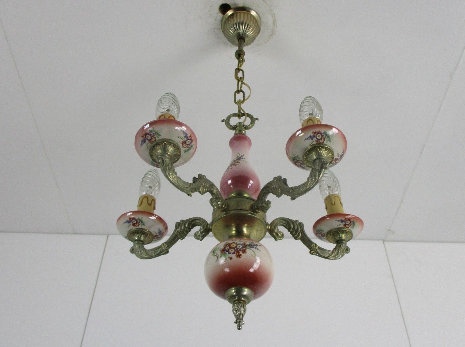 Chandelier 5 Arms Lights Ceramic Porcelain  Pink Flowers  Mid Century Italy photo Lighting