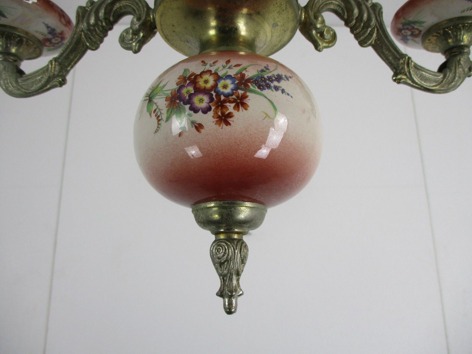 Chandelier 5 Arms Lights Ceramic Porcelain  Pink Flowers  Mid Century Italy photo vinterior