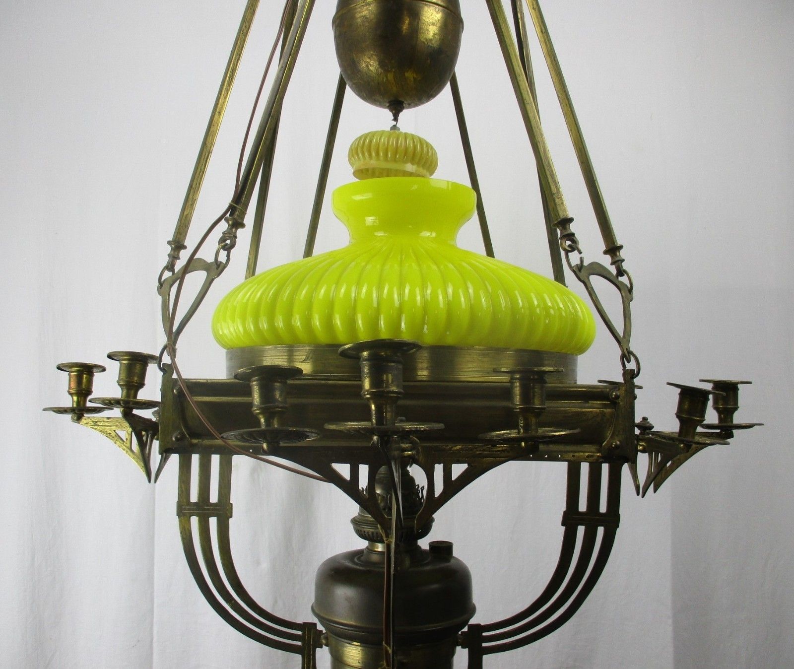 Impressive Chandelier Arts & Crafts Bauhaus Art Deco Brass Yellow Opaline Shade photo Lighting