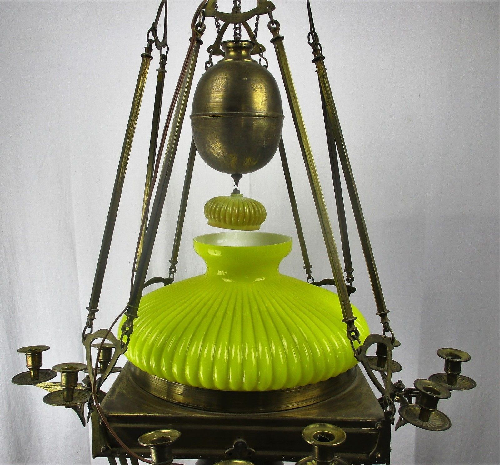 Impressive Chandelier Arts & Crafts Bauhaus Art Deco Brass Yellow Opaline Shade photo 2972.0