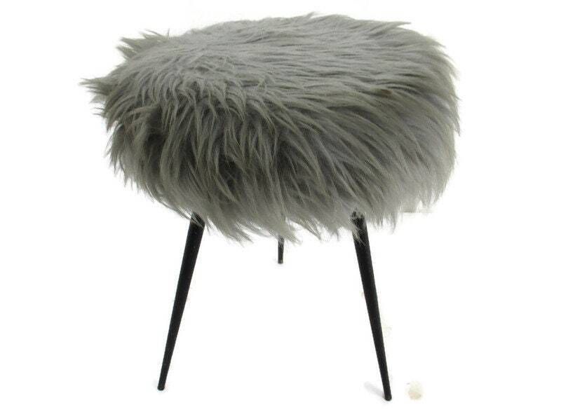 Retro Grey Plush Stool Chair Retro Metal Tripod Legs Mid Century Design