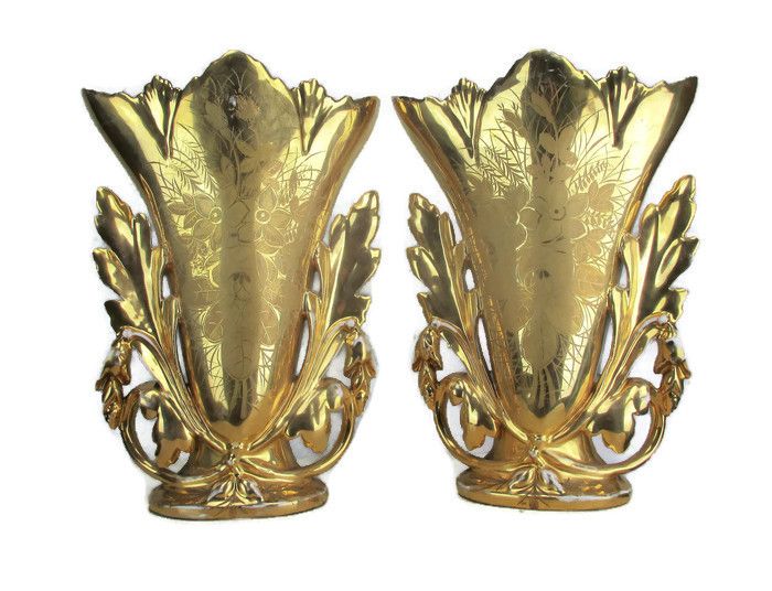 Xl Couple Antique Vieux Paris Porcelain Fan Flair Vases Church Chapel Gold Gilt