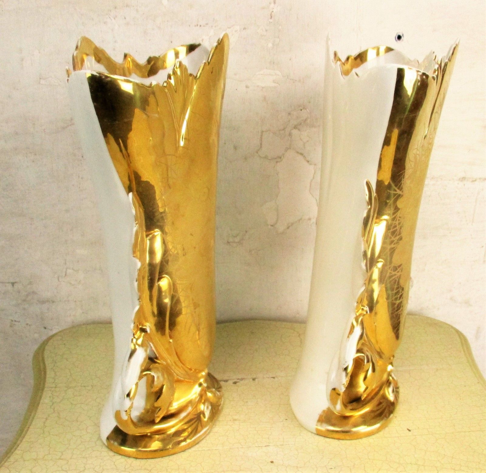 Xl Couple Antique Vieux Paris Porcelain Fan Flair Vases Church Chapel Gold Gilt photo vinterior
