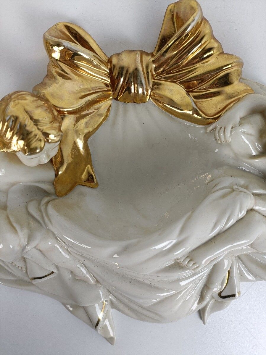 photo for sale Pair Capodimonte Bedin Wall Hangings Planters Fonts Porcelain Italy Angels Gold
