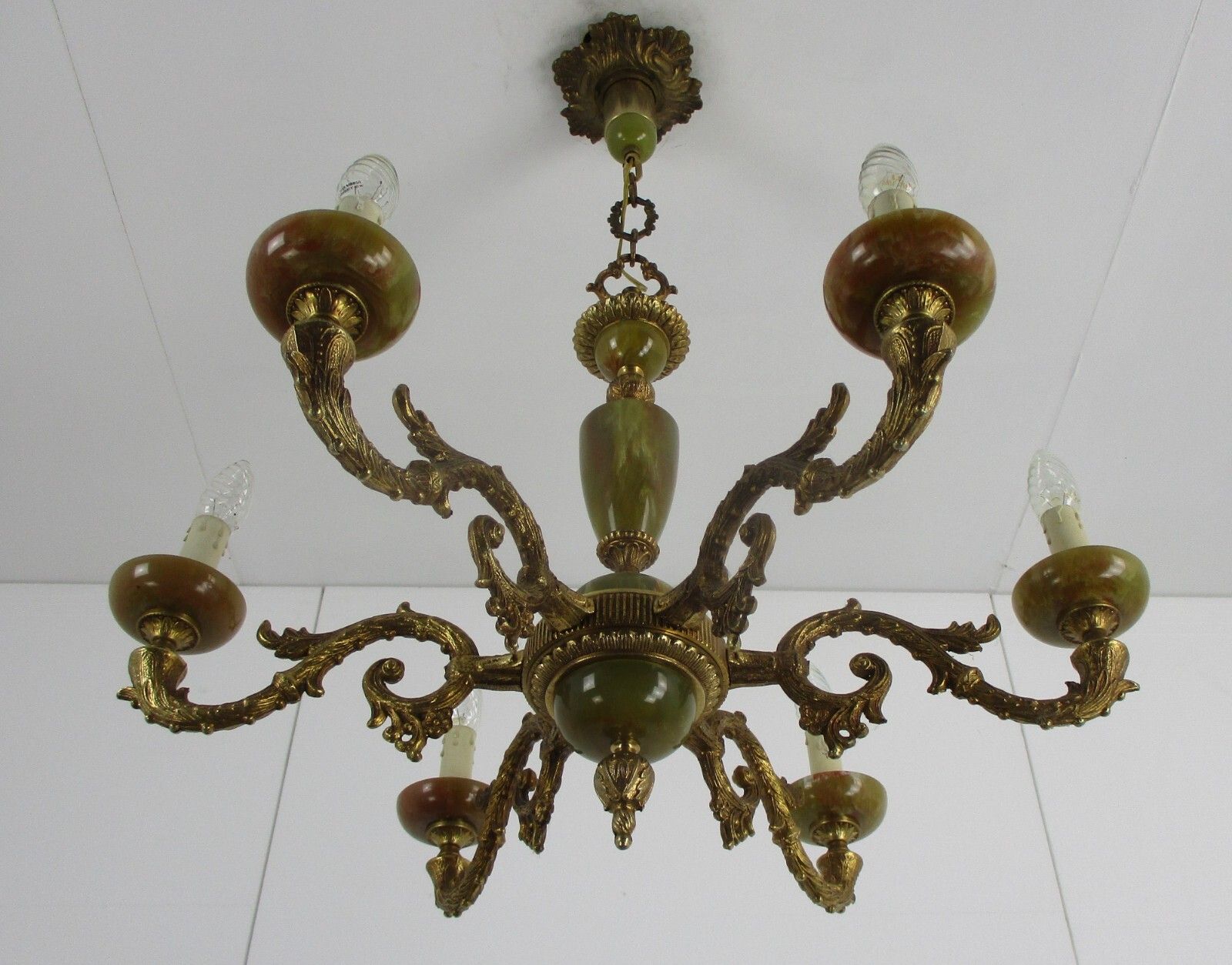 Chandelier 6 Arms Lights Hollywood Regency Brass Faux Marble Spider Chandelier photo Lighting
