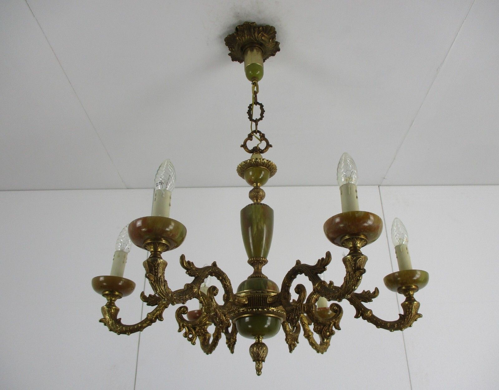 Chandelier 6 Arms Lights Hollywood Regency Brass Faux Marble Spider Chandelier photo 520.0