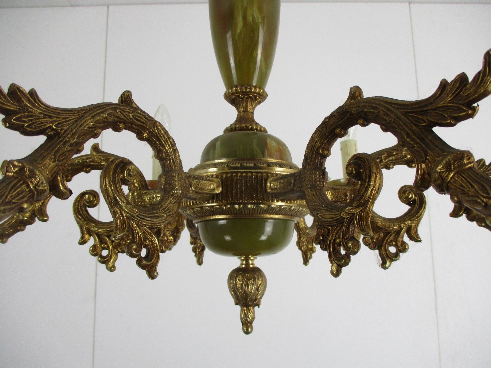 Chandelier 6 Arms Lights Hollywood Regency Brass Faux Marble Spider Chandelier photo vinterior
