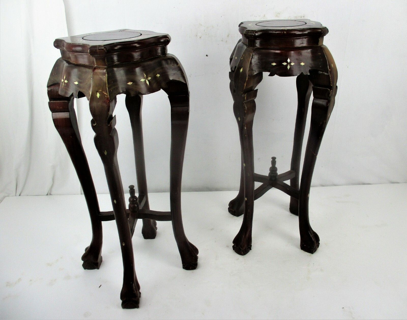 Pair Tall Carved Hard Wood Plant Bonsai Tables Pedestal  Inlay Mother Of Pearl photo furniture