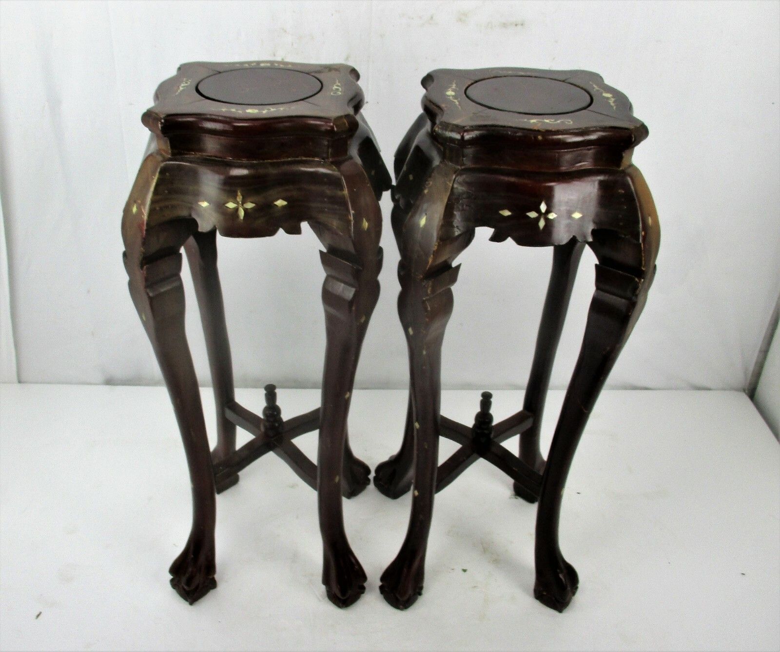 Pair Tall Carved Hard Wood Plant Bonsai Tables Pedestal  Inlay Mother Of Pearl photo Furniture