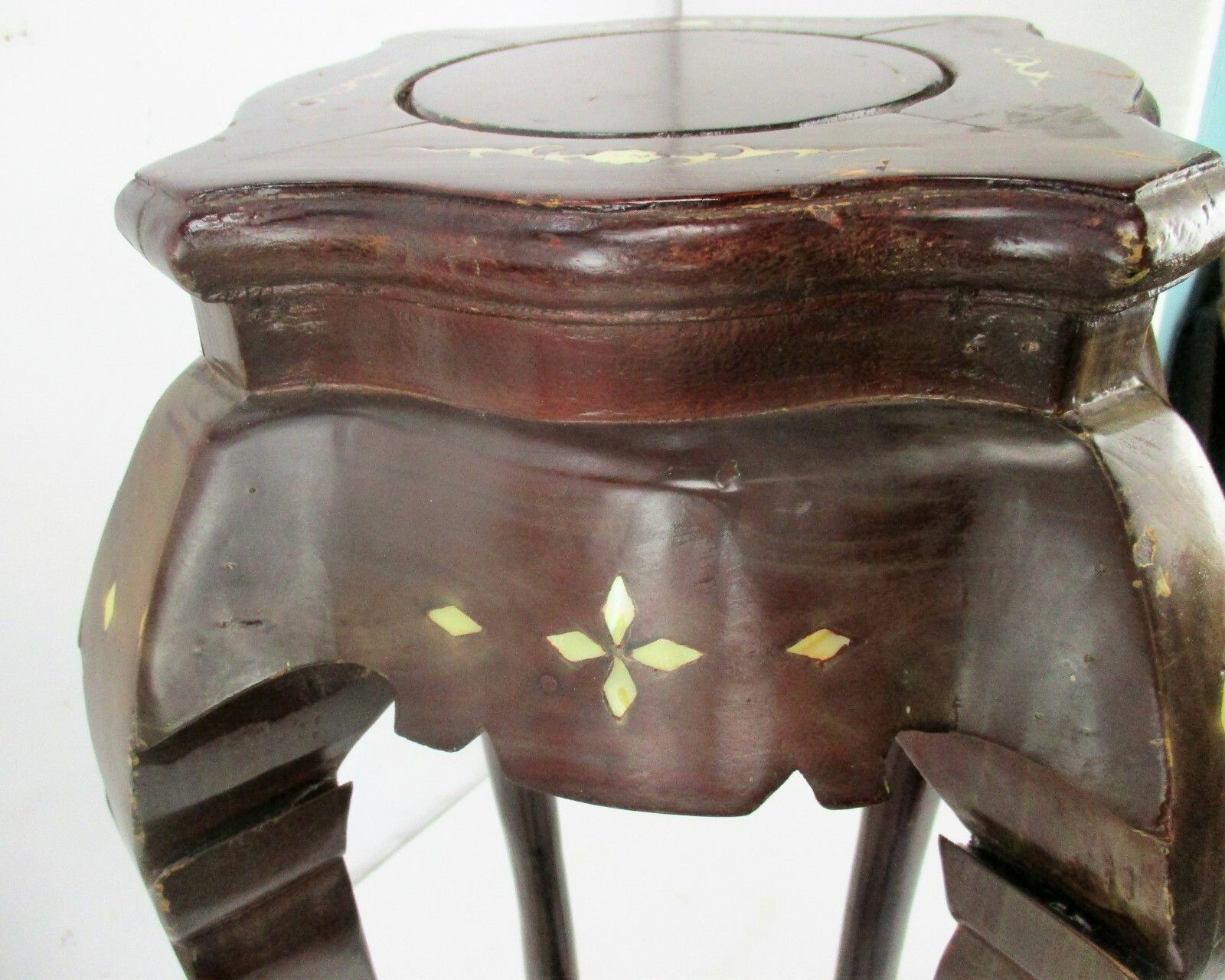 Pair Tall Carved Hard Wood Plant Bonsai Tables Pedestal  Inlay Mother Of Pearl photo buy