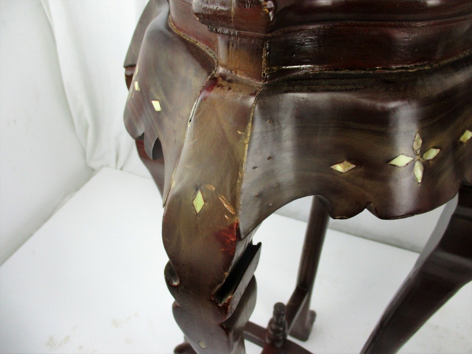 Pair Tall Carved Hard Wood Plant Bonsai Tables Pedestal  Inlay Mother Of Pearl photo vintage