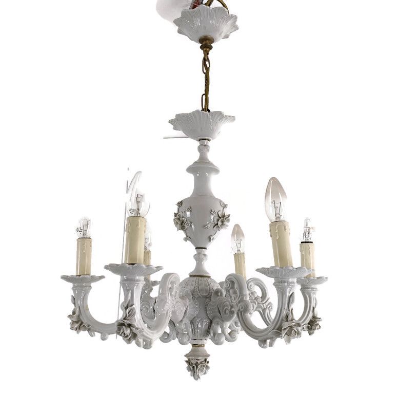 Capodimonte Porcelain Chandelier 6 Arm Lights, White, Marked, Very Special, Vint
