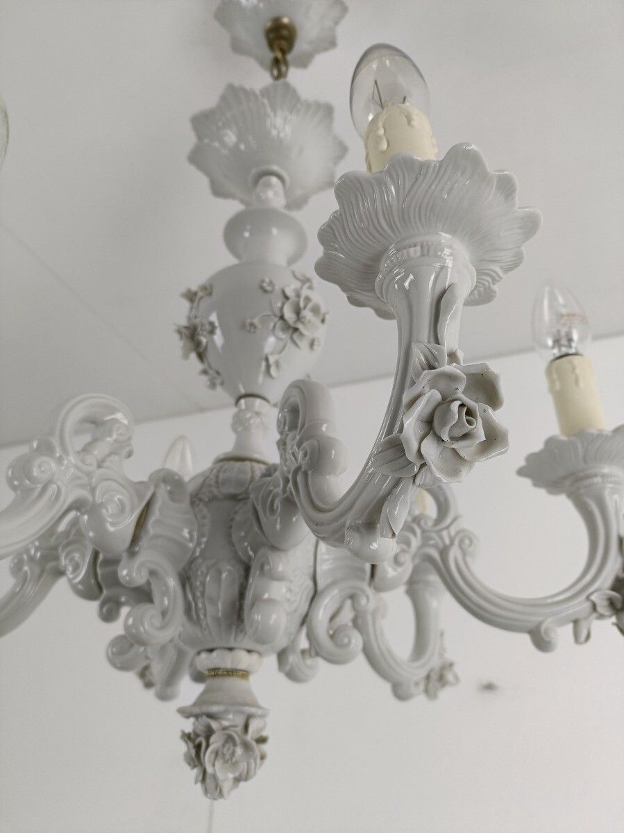 Capodimonte Porcelain Chandelier 6 Arm Lights, White, Marked, Very Special, Vint photo vintage