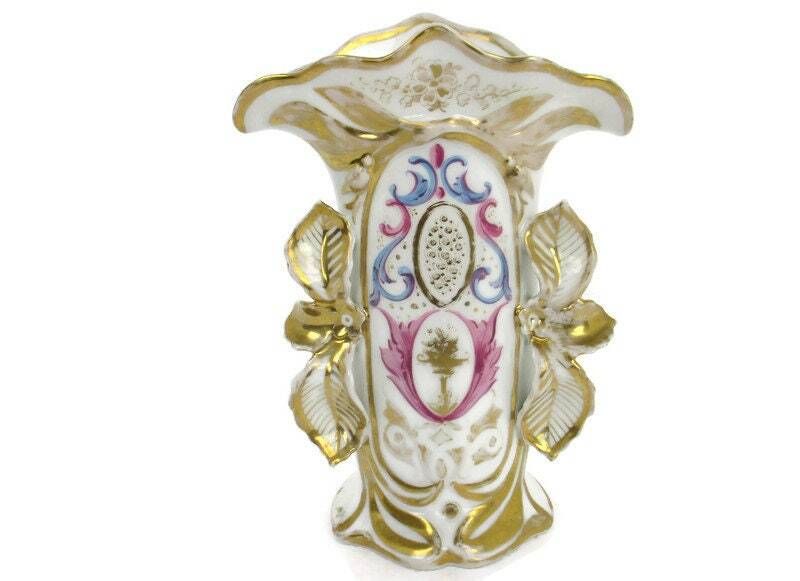 Xl Antique French Vieux Paris Porcelain Fan Flair Bridal Vase Gold Gilded