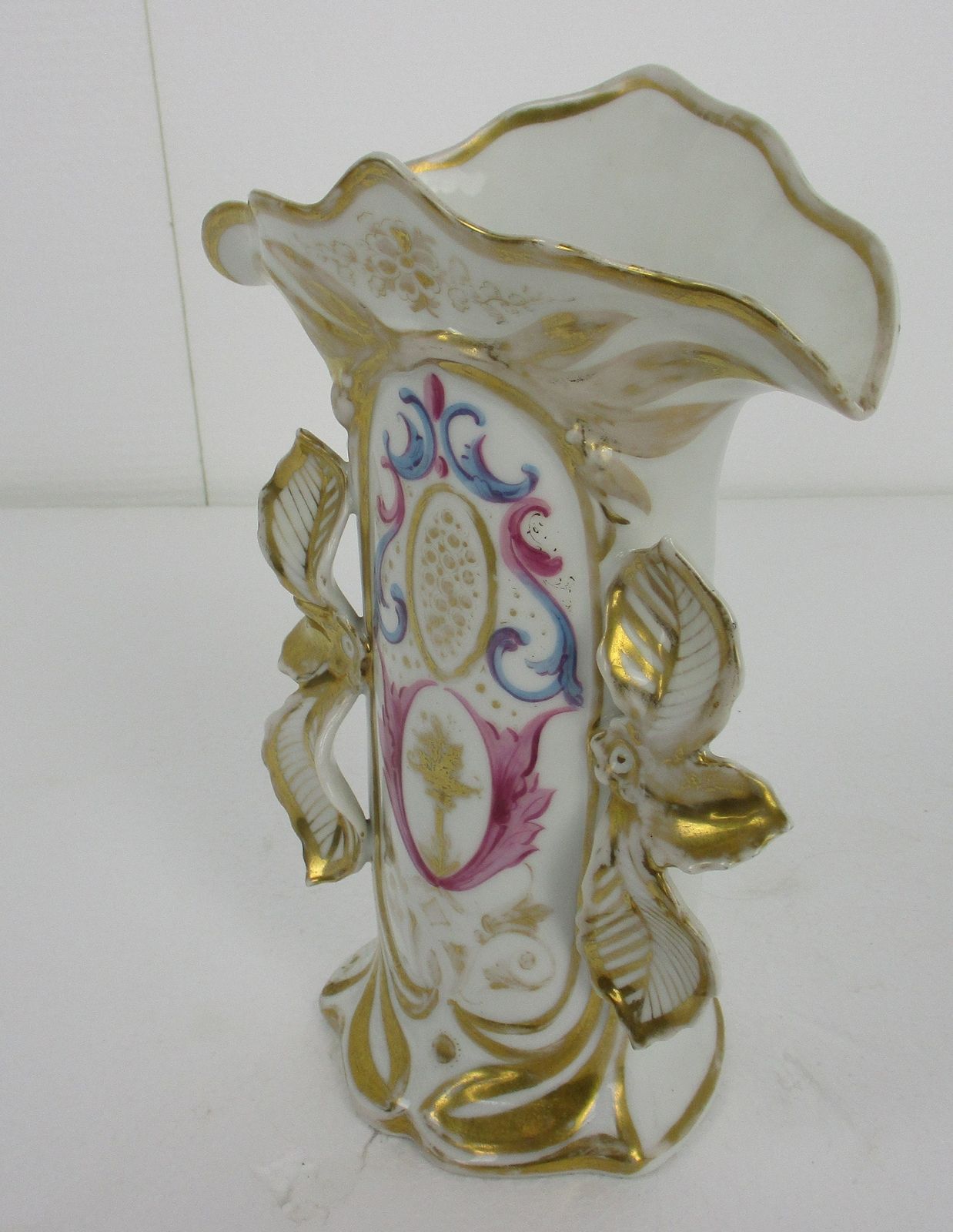 Xl Antique French Vieux Paris Porcelain Fan Flair Bridal Vase Gold Gilded photo 110.0