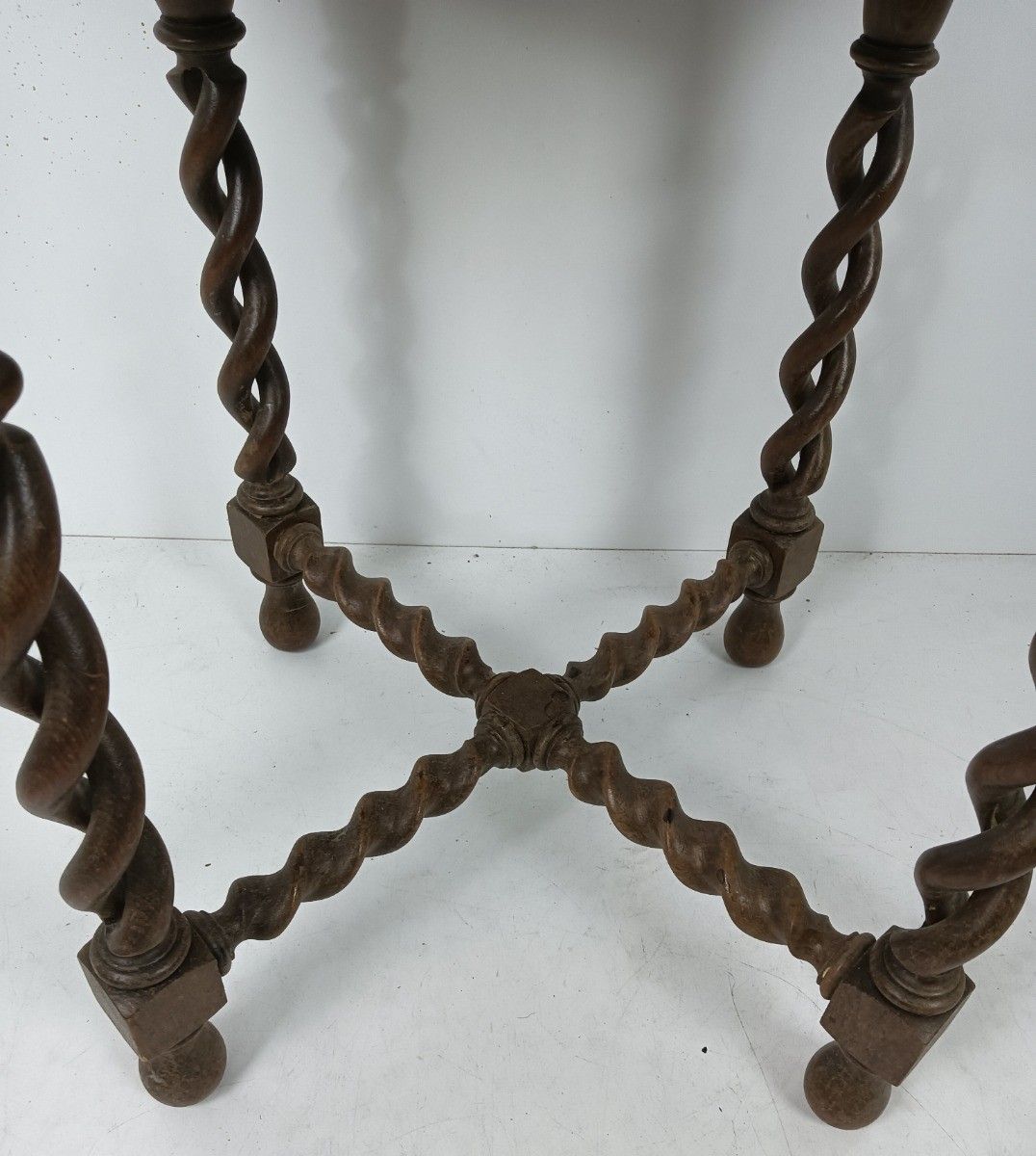 Open Barley Twist Wooden Side Wine Table Pedestal Plant Stand Faux Brass Top Orn photo for sale