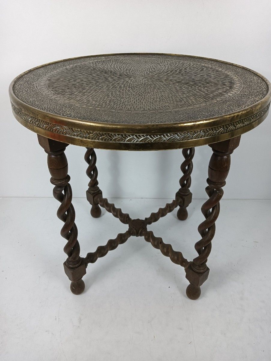 Open Barley Twist Wooden Side Wine Table Pedestal Plant Stand Faux Brass Top Orn photo Furniture