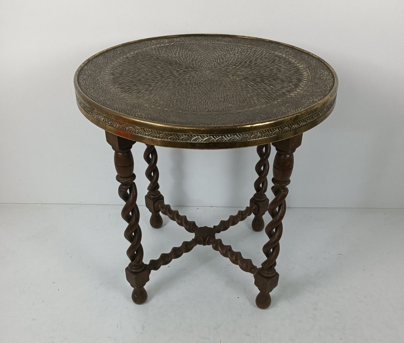 Open Barley Twist Wooden Side Wine Table Pedestal Plant Stand Faux Brass Top Orn photo vintage