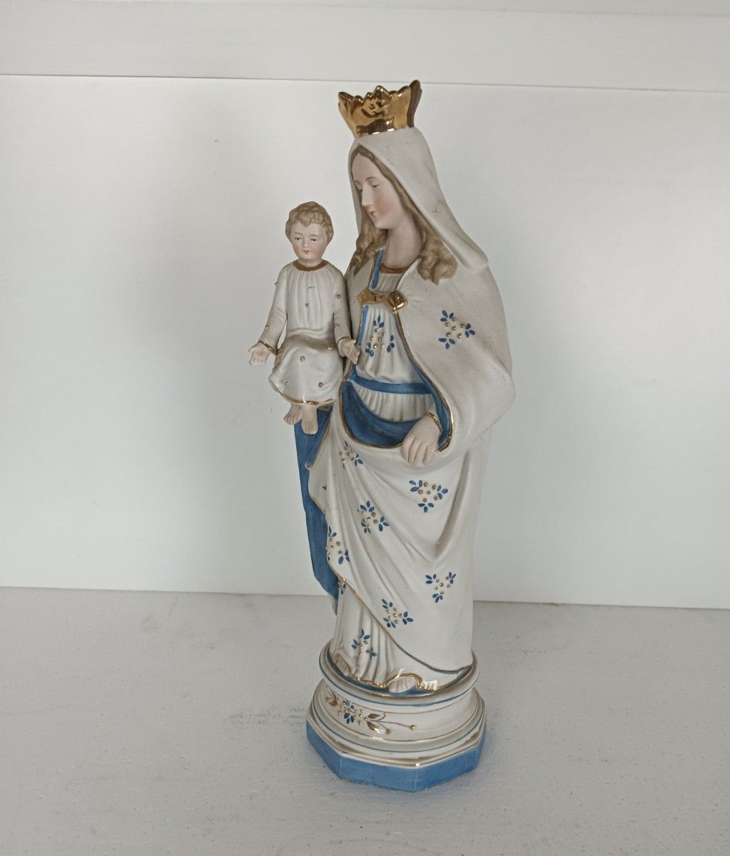 Antique Porcelain Bisque Statue Virgin Mary Our Lady Madonna With Infant photo vintage