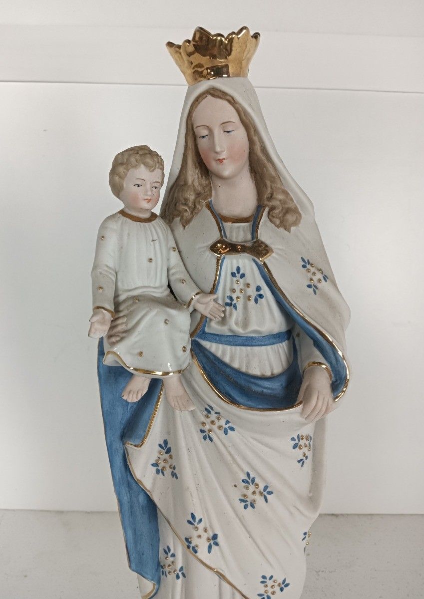 Art Antique Porcelain Bisque Statue Virgin Mary Our Lady Madonna With Infant photo