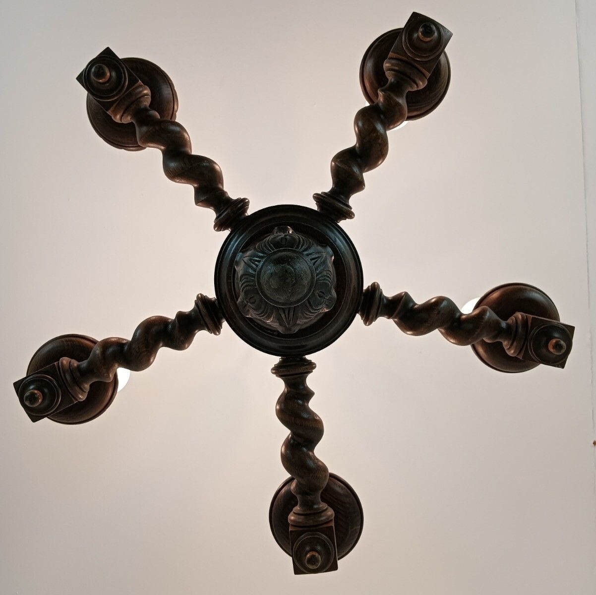 Barley Twist Wooden Wood Chandelier Ornate 5 Lights Small Vintage Barn Style photo vinterior