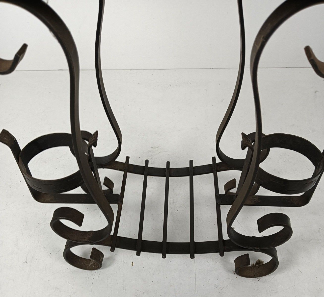 Vintage Wrought Cast Iron Wine Rack Bottle Holder Side Table Wooden Top Farmhous photo buy