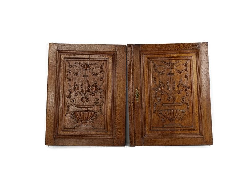 Pair Antique Hand Carved Wood Door Panels Reclaimed Architectural Salvaged Flowe
