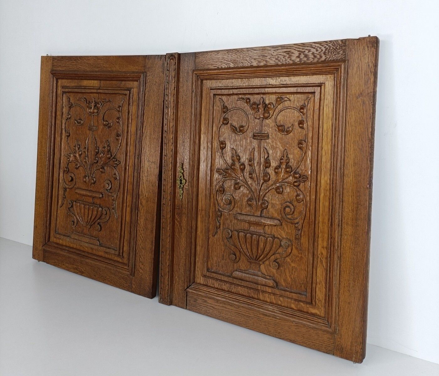 Pair Antique Hand Carved Wood Door Panels Reclaimed Architectural Salvaged Flowe photo Home Fixtures