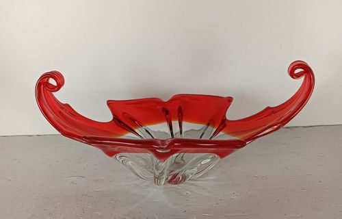 Red Clear Murano Italian Art Glass Centerpiece Dish  Bowl Mid Century Vintage