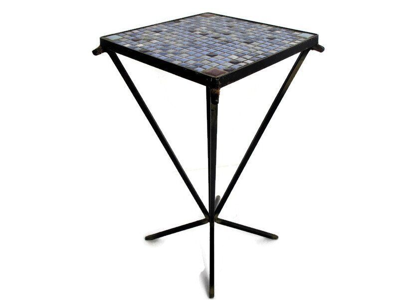 Vintage Small Side Table Plant Stand Mosaic Tiles Checkered Pattern Wrought Iron