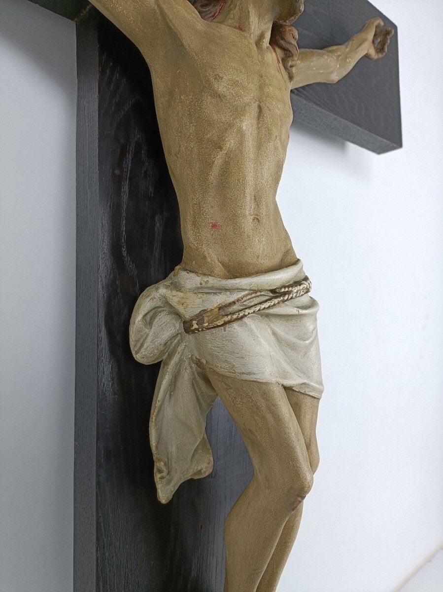 Large Oak Crucifix Gorgous Sculpted Plaster Corpus Piece Of Art Sculpture Wall H photo vinterior