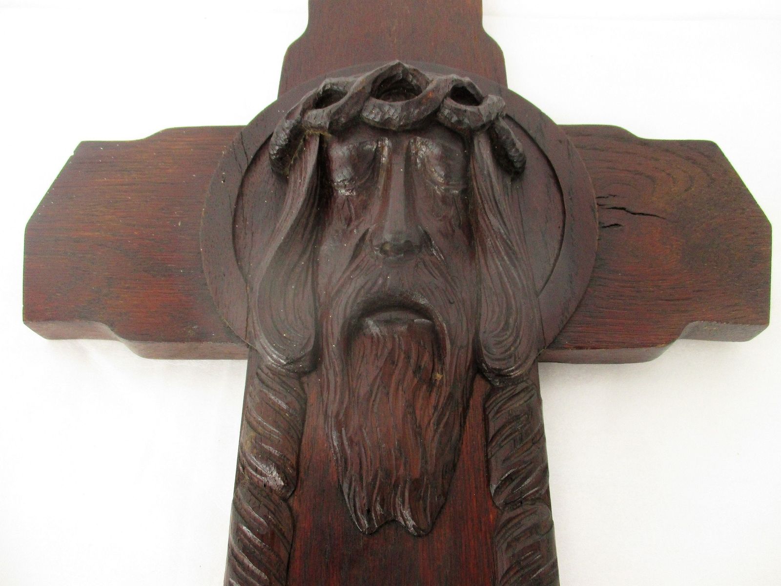 Large Hand Carved Wood Art Jesus Christ Head Of Thorns Sculpture Crucifix Oak Go photo 162.0