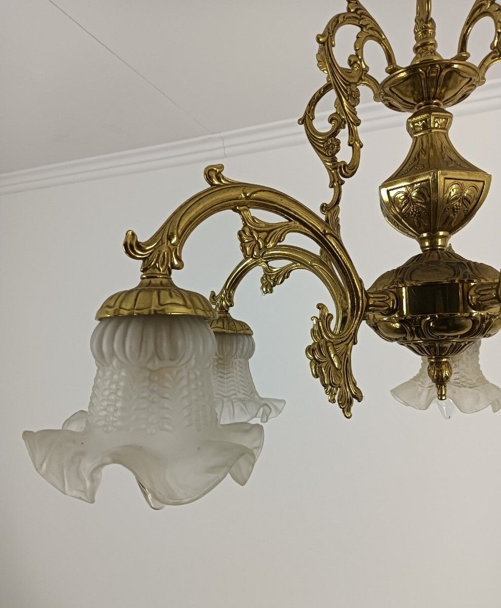 Vintage Brass Chandelier Fixture Glass Shades 5 Lights Arm Romantic photo buy