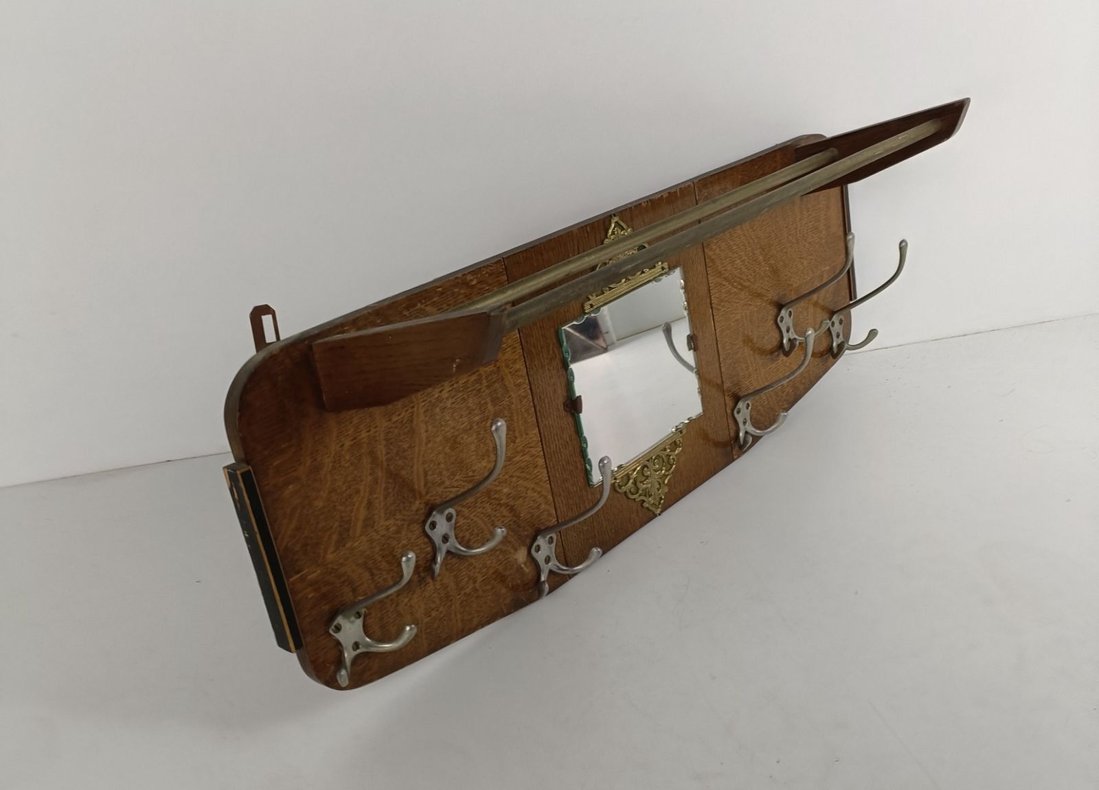 Modernist Wall Coat Hat Rack Cut Glass Mirror Lovely Brass Trims Hallway Vintage photo vintage