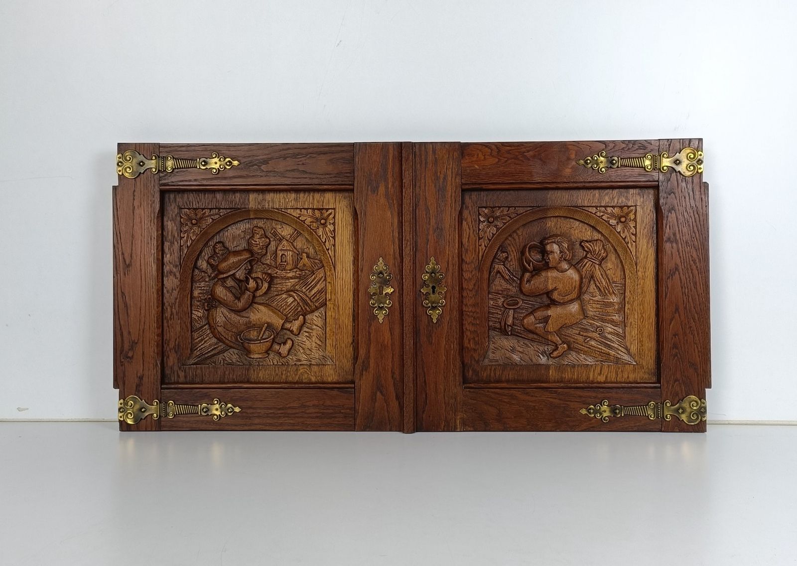 Pair Antique Carved Wood Door Panels Brass Trims Breughel Style Architectural Sa photo furniture