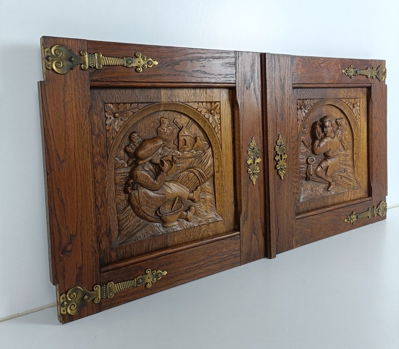 Pair Antique Carved Wood Door Panels Brass Trims Breughel Style Architectural Sa photo Home Fixtures