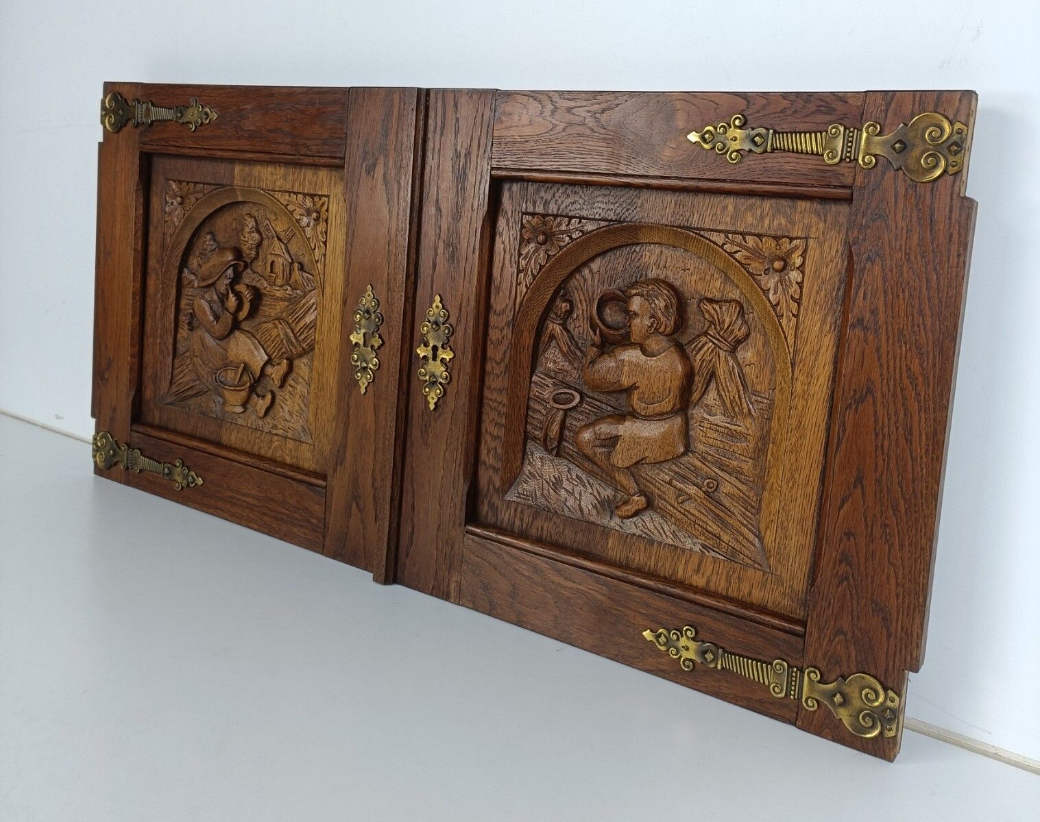 Pair Antique Carved Wood Door Panels Brass Trims Breughel Style Architectural Sa photo 283.0