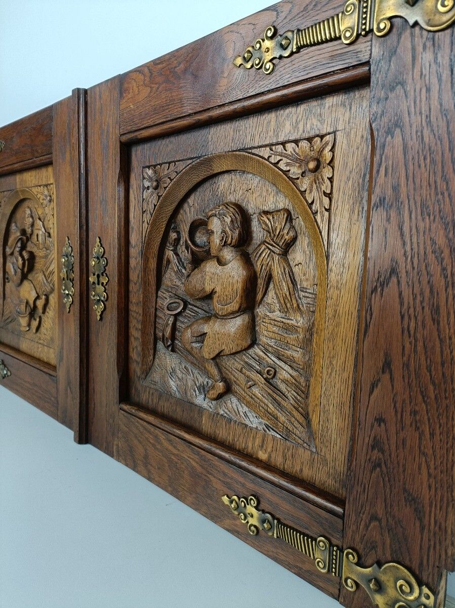 Pair Antique Carved Wood Door Panels Brass Trims Breughel Style Architectural Sa photo vinterior