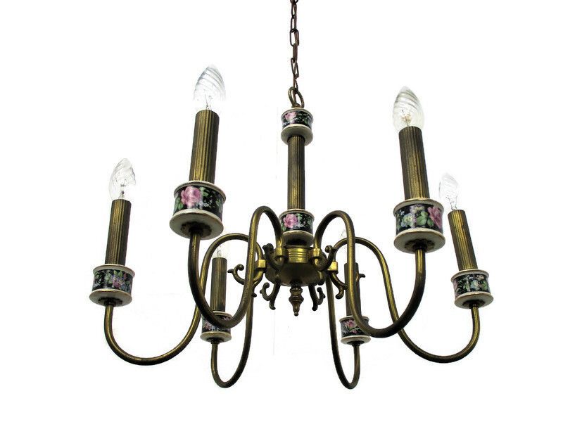 Romantic Chandelier Pendant 6 Arm Lights Brass Porcelain Flowers Mid Century