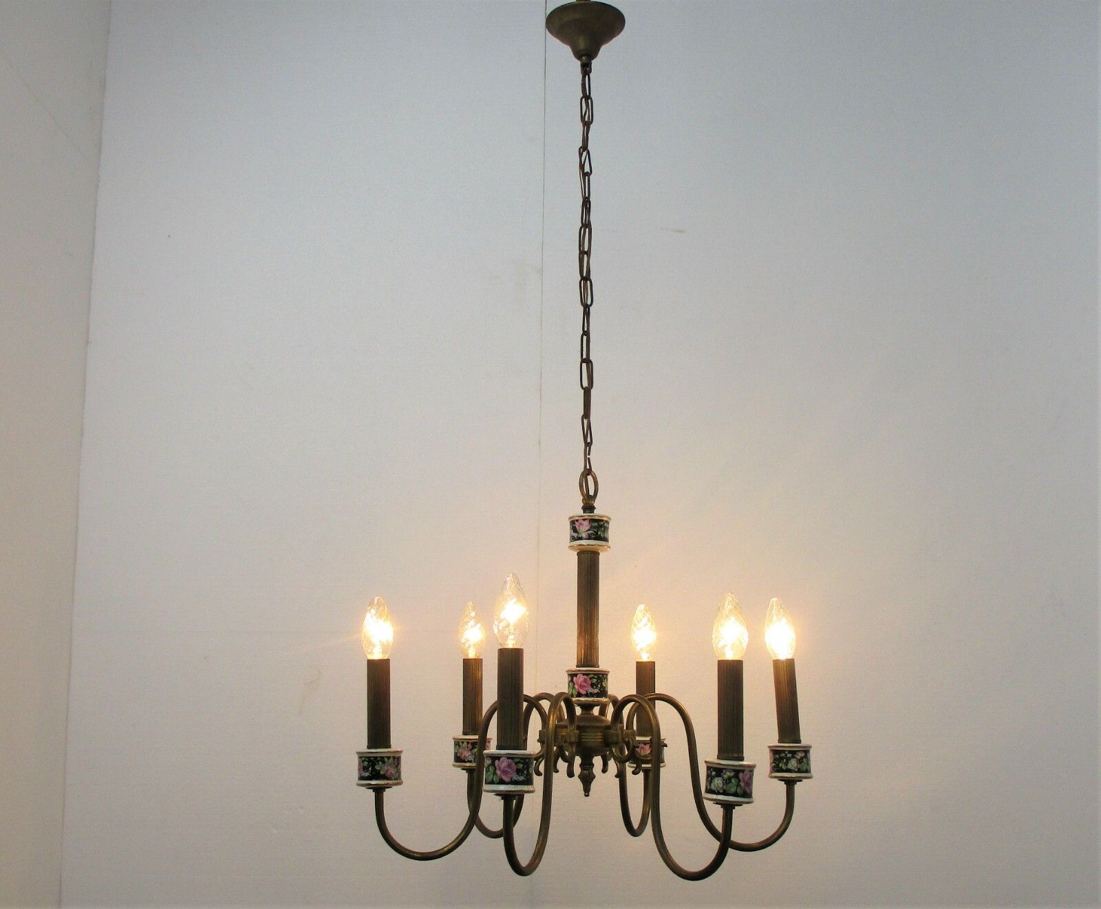 Romantic Chandelier Pendant 6 Arm Lights Brass Porcelain Flowers Mid Century photo furniture