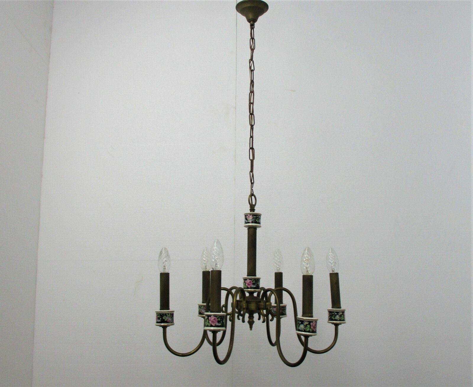 Romantic Chandelier Pendant 6 Arm Lights Brass Porcelain Flowers Mid Century photo for sale