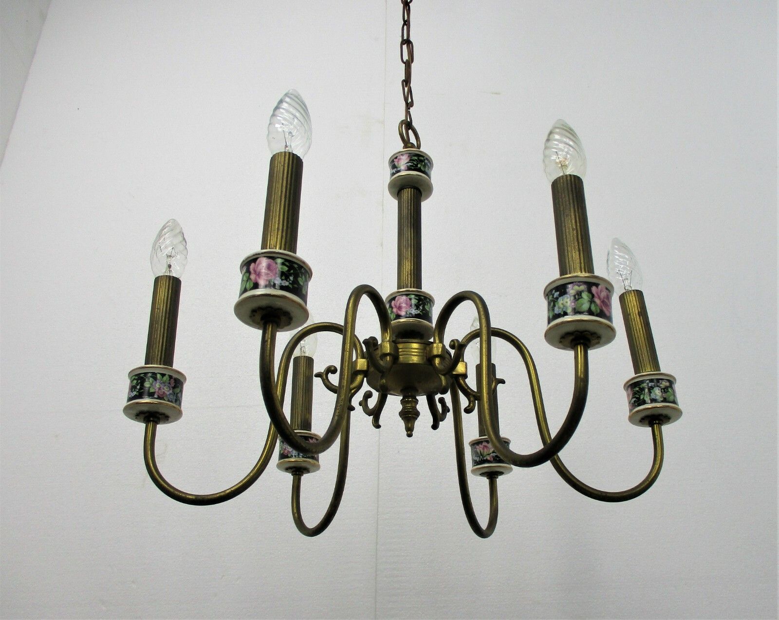 Romantic Chandelier Pendant 6 Arm Lights Brass Porcelain Flowers Mid Century photo Lighting