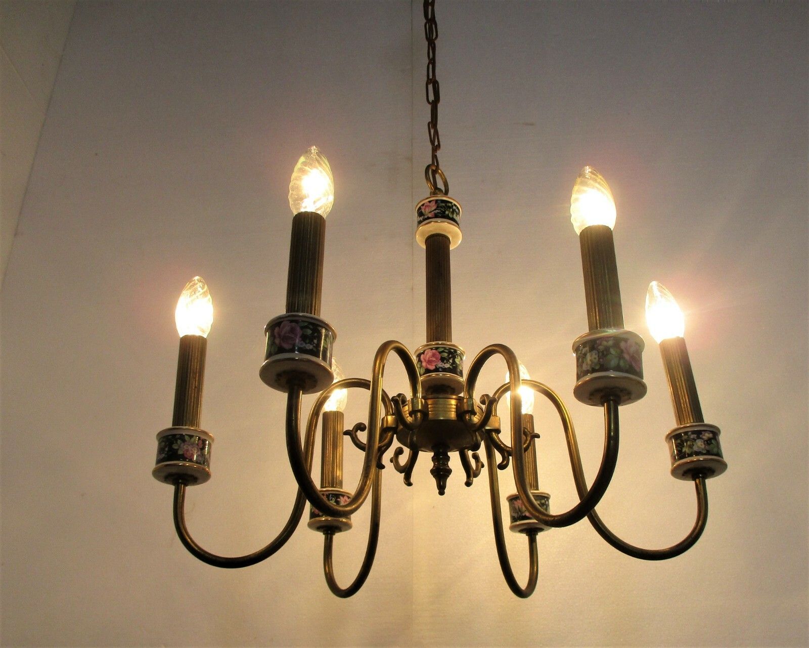 photo furniture Romantic Chandelier Pendant 6 Arm Lights Brass Porcelain Flowers Mid Century