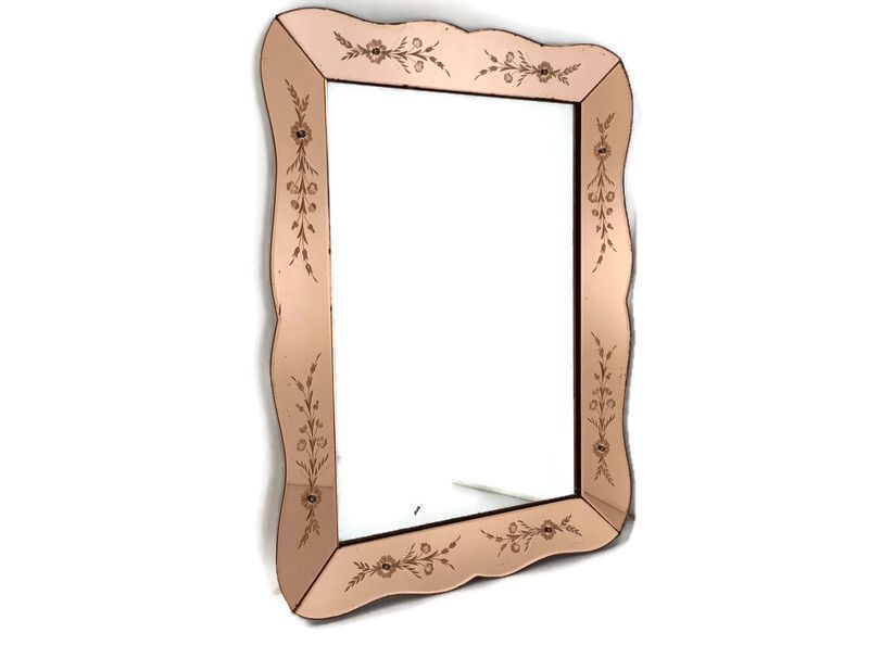 Large Art Deco Nouveau Wall Hanging Ornate Mirror Pink Clear Etched Glass Vanity
