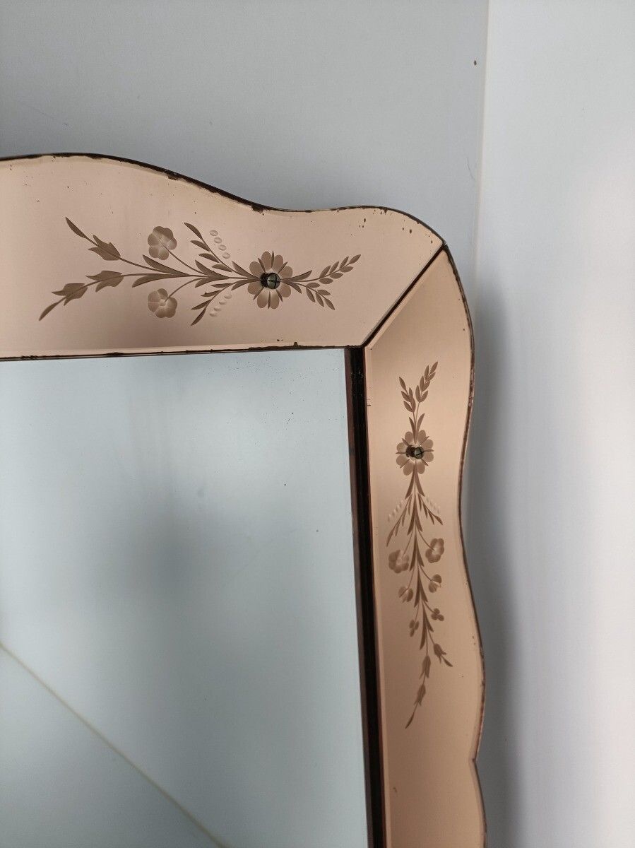 Large Art Deco Nouveau Wall Hanging Ornate Mirror Pink Clear Etched Glass Vanity photo Home Decor