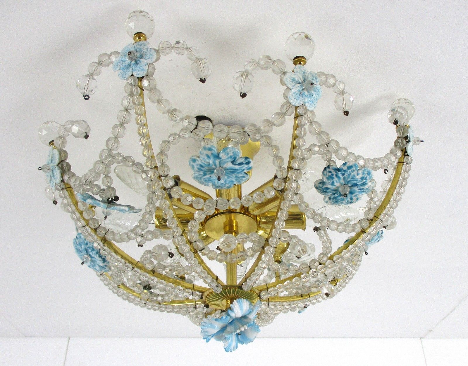 Italian Plafonière Fixture Lamp Crystal Prisms Murano Art Glass Flowers 8 Lights photo Lighting