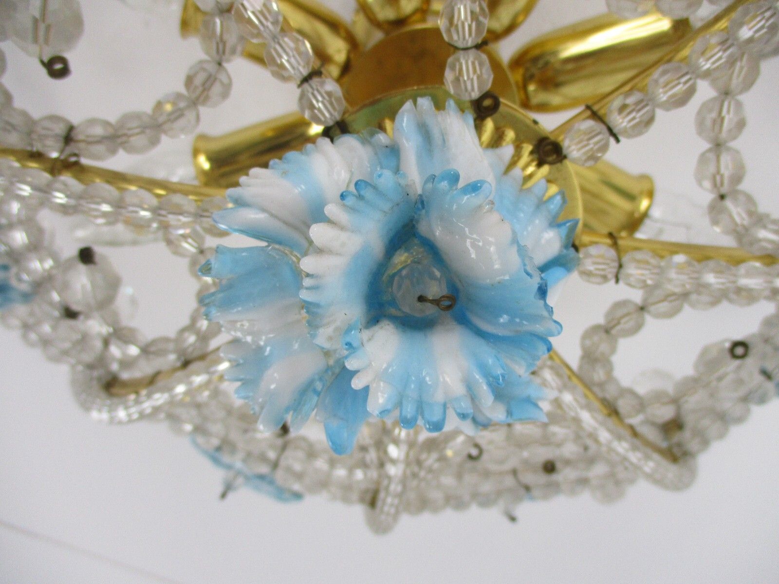 Italian Plafonière Fixture Lamp Crystal Prisms Murano Art Glass Flowers 8 Lights photo vintage