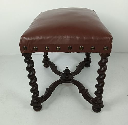 Antique Footstool Ottoman Barley Twist Wood Foot Rest 20th Century Hobnails Gorg photo Furniture